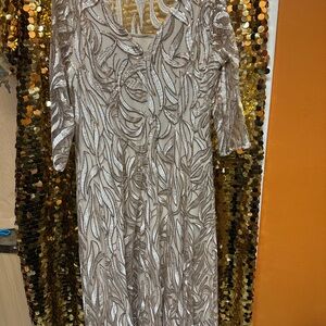 Adrianna Papell Beige Sequin Long Sleeve Dress